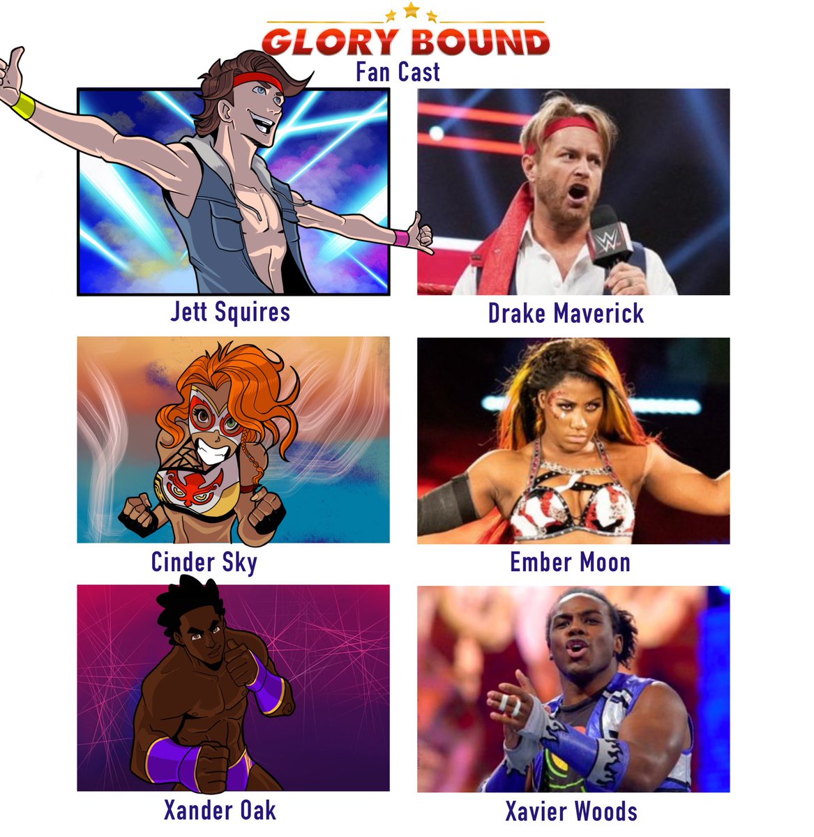 BrightlancerArt's tweet photo. So I thought it would be fun to do a #fancast of the #victoryproworld wrestlers! From my upcoming comic book #glorybound
Jett Squires @WWEMaverick
Cinder Sky @WWEEmberMoon
Xander Oak @XavierWoodsPhD
Bjornson @otiswwe
Bobby Brixton @Perfec10n https://t.co/aD421FwzL7