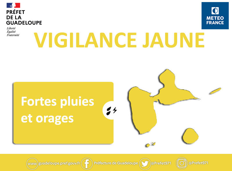 #Météo  Ce mardi 19 mai, la #Guadeloupe est placée en vigilance jaune pour fortes pluies et orages. Une onde tropicale va aborder cette nuit l'archipel et elle s'activera dès la matinée de mercredi.
ℹ️ Bulletin météo et consignes de #sécurité du préfet👉bit.ly/2j7nORN