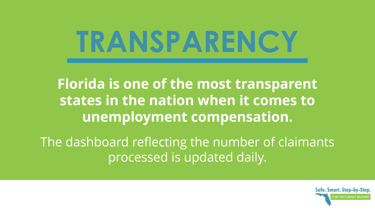 Florida’s Reemployment Assistance Claims Dashboard is a great resource. No other state is providing this level of transparency. We are committed to helping Floridians understand the status of their claims.See the dashboard at:  http://Floridajobs.org/raclaimsdashboard