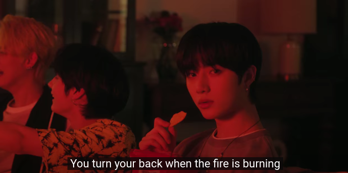 dead. taehyun is also the first one to be shown eating strawberries!! directly after he eats them, the scene i referenced earlier where beomgyu says "you turn your back when the fire is burning." i think beomgyu is angry about the betrayal, and hes now realized taehyun knows