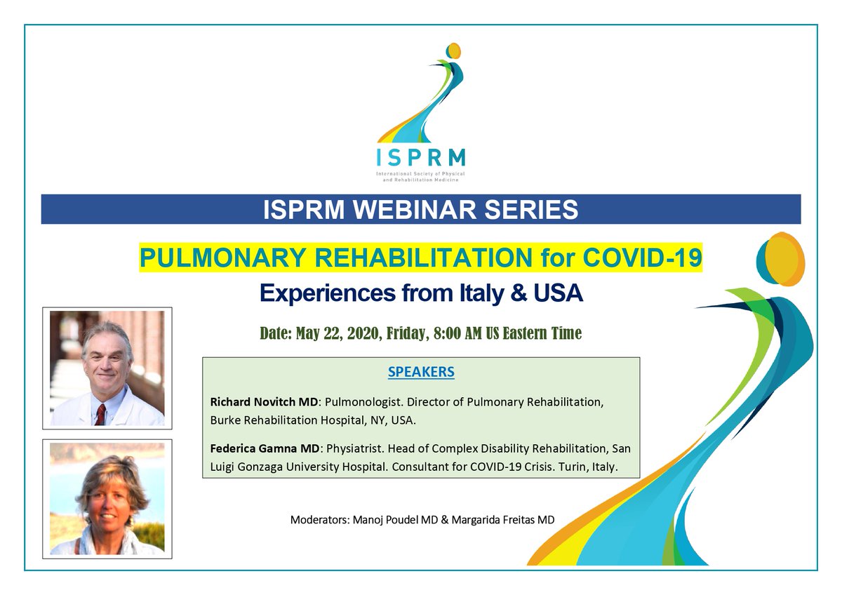 ISPRM's tweet photo. ๐ท NEW #ISPRMWebinar CONFIRMED! ๐ท
Join us this Friday, May 22nd at 8AM (Eastern Daylight Time - EDT) 'PULMONARY #REHABILITATION for #COVID19 - Experiences from Italy & USA'
Visit page: https://t.co/mQD52AvxII
#physicalmedicineandrehabilitation #PRMcommunity #physiatrists https://t.co/RE4HgGVaUu