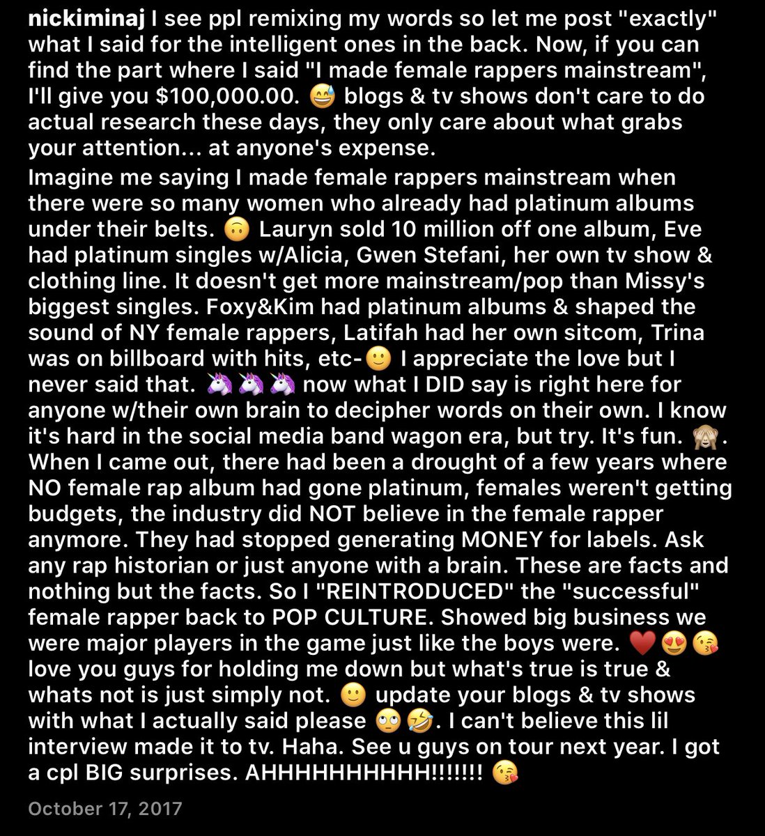 October 2017: Nicki Minaj takes to Instagram to clear this up and acknowledges Lil’ Kim’s contribution to Hip Hop. “Foxy and Kim had Platinum albums and shaped the sound of NY female rappers”