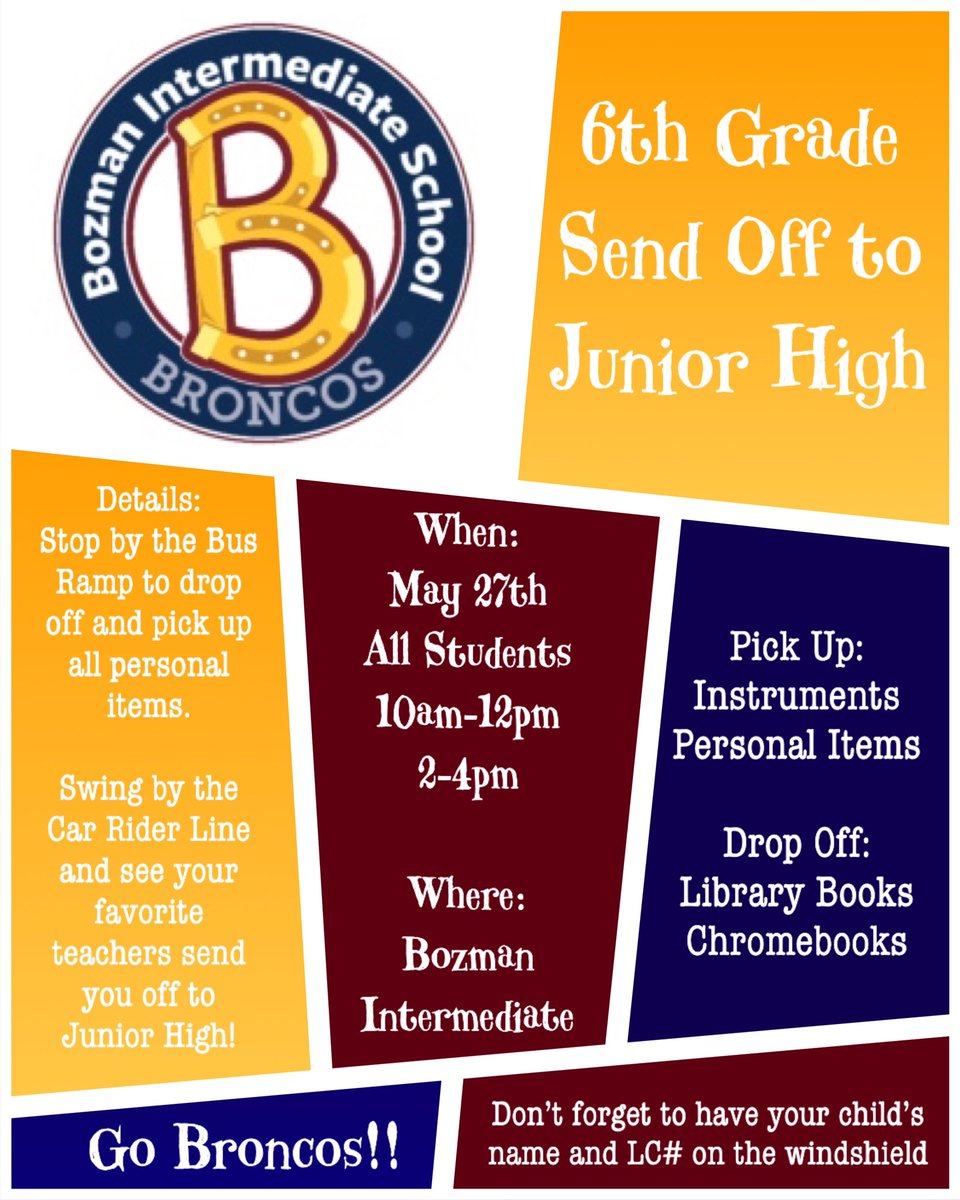 bozmanbroncos's tweet photo. Broncos, we are so excited to see you at your 5th and 6th Grade Clap Off to Summer days. Please join us for this special event on May 26 (5th Grade) and May 27 (6th grade)!! Go Broncos!! https://t.co/O5aKO5BY7J