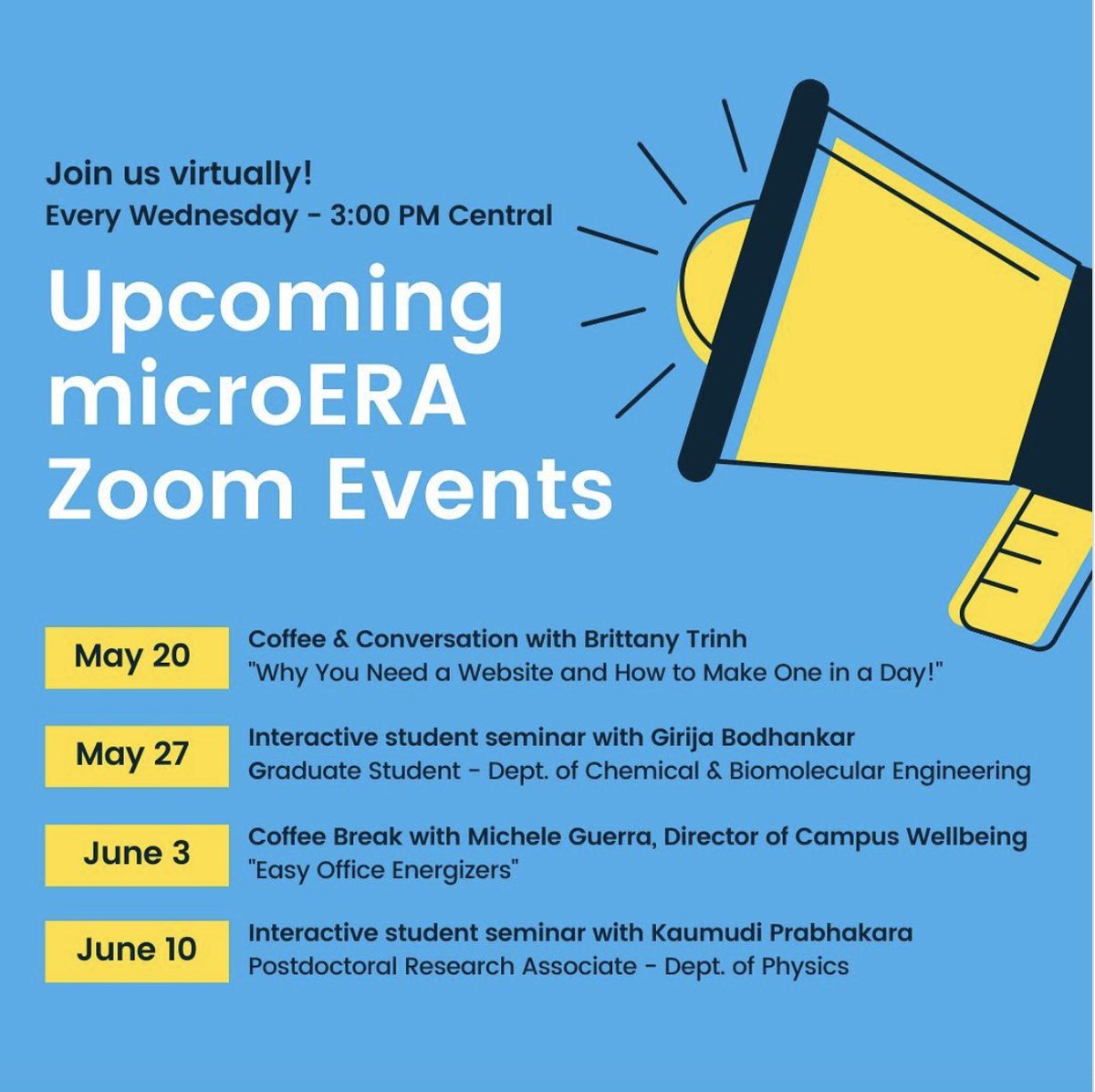 microERA_UIUC's tweet photo. Science, career development and personal wellbeing! We have all your needs ‘virtually’ covered. Join us tomorrow at 3:00 PM CT for ‘Why You Need a Website and How to Make One in a Day' with @brittanytrinh. https://t.co/I84HMhnMnz
