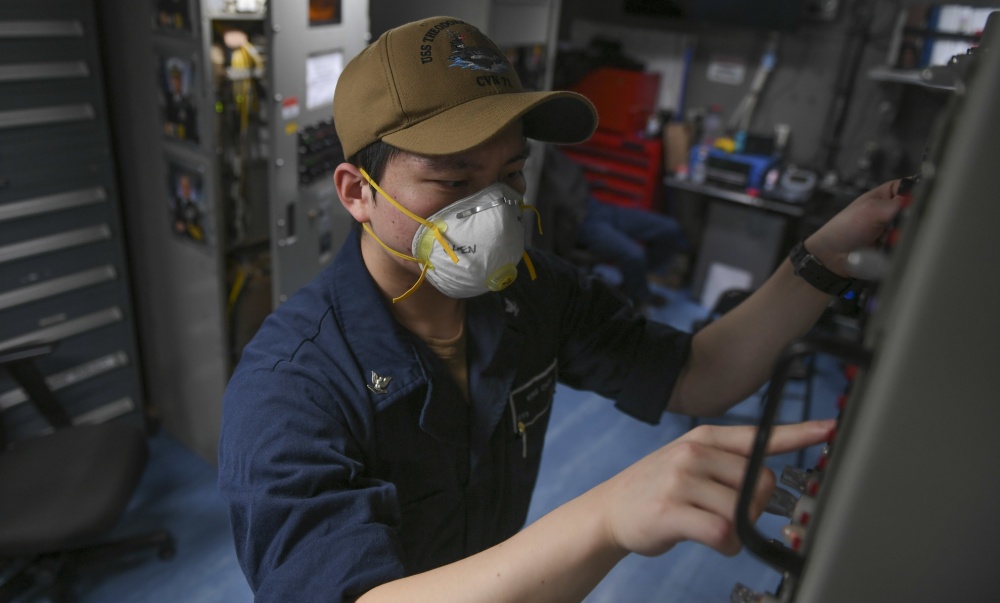 USPACOM's tweet photo. Sailors aboard @USPacificFleet aircraft carrier #USSTheodoreRoosevelt participate in a #FastCruise simulating at-sea operations to include equipment tests and scenarios which refresh and train Sailors for underway while moored at @NBGuam. #ForgedByTheSea #FreeandOpenIndoPacific. https://t.co/R3AjoXHBox