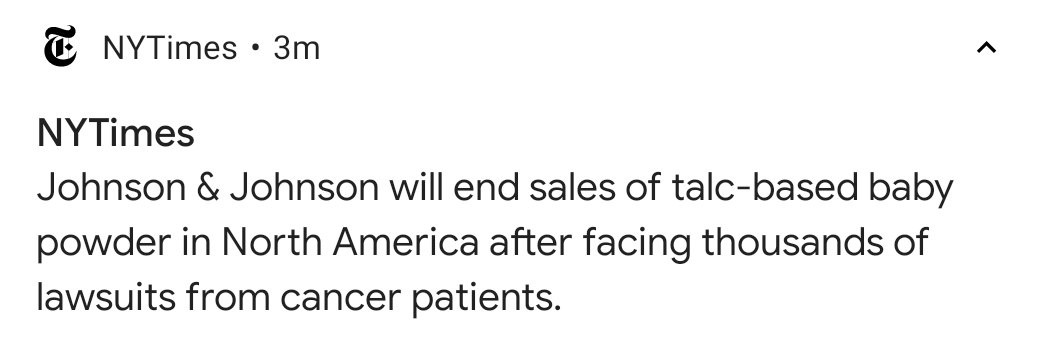 soopajane's tweet photo. Ya know what sucks about this headline?

That it doesn't say "Johnson &amp; Johnson ends sale of talc powder after discovering that 1 person got cancer from it"

THOUSANDS of people had to get sick and die - AND THEN SUE - before they did anything.

Y'all, we deserve so much better. https://t.co/9lUKNy9p0Z