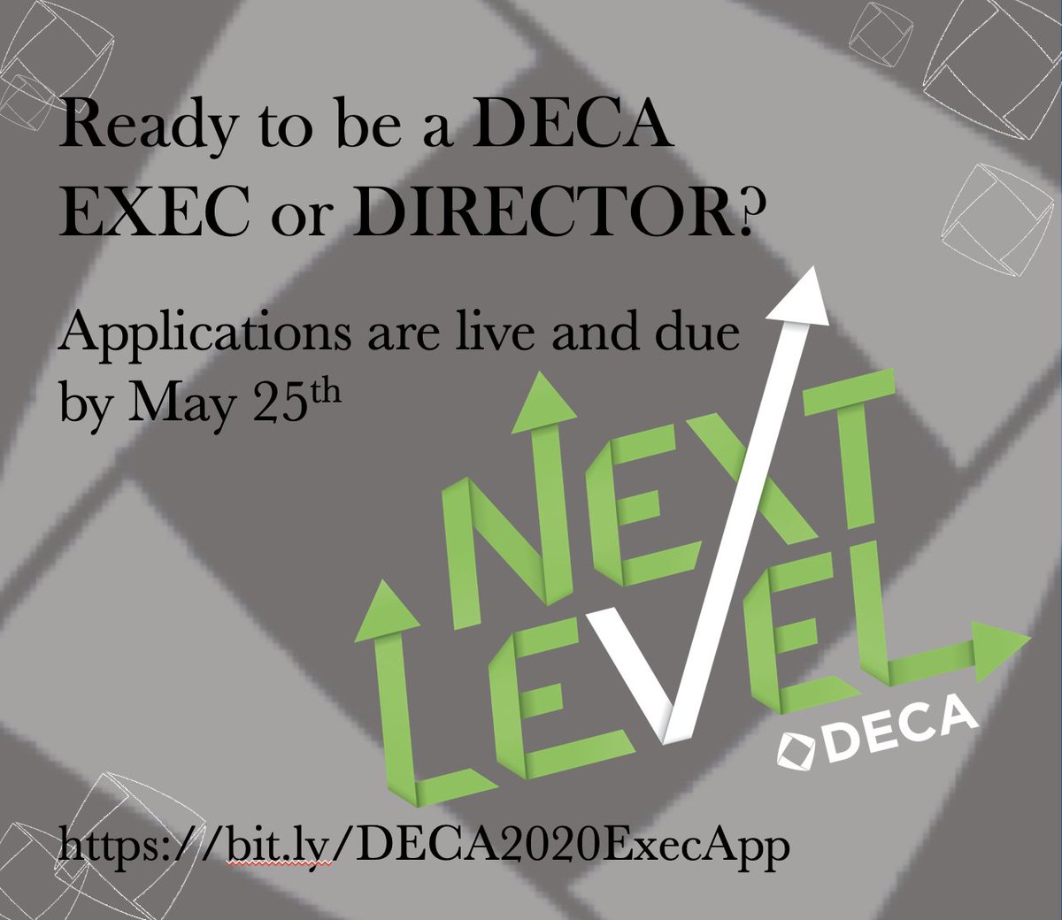 Executive and Director Applications for the 2020-2021 DECA Year close on May 25th. 
If you have any questions, please contact Ms. Orr. 
Application can be found here bit.ly/DECA2020ExecApp 

Good luck!