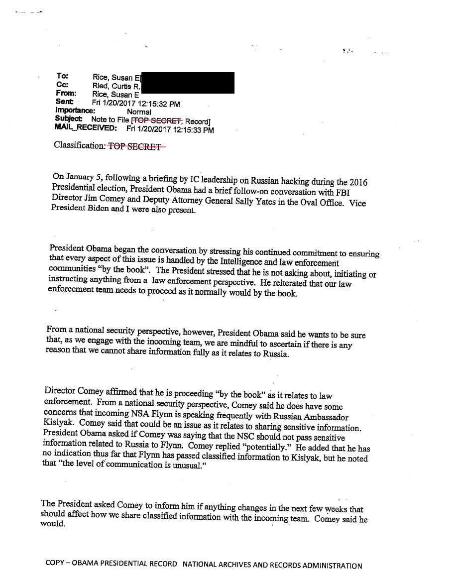 This is the declassified Rice “Top Secret” email from her official email to presumably her personal email. This is not just a CYA but a CEA “cover everyone’s a**” attempt. This shows Obama and Biden were calling shots against Flynn and Comey was providing the ammunition.