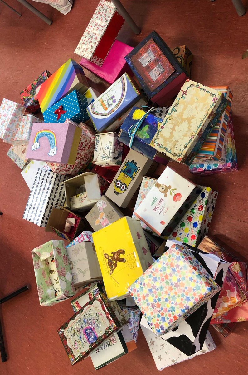 womankindcl's tweet photo. Busy, busy day making up 57 Boxes of #Kindness to spread a little cheer around our town. here are some lovely pics. Thank you to all those who donated goods or decorated boxes for us. We will undoubtedly be asked for more in the coming weeks https://t.co/ZFfZHxuBxQ
