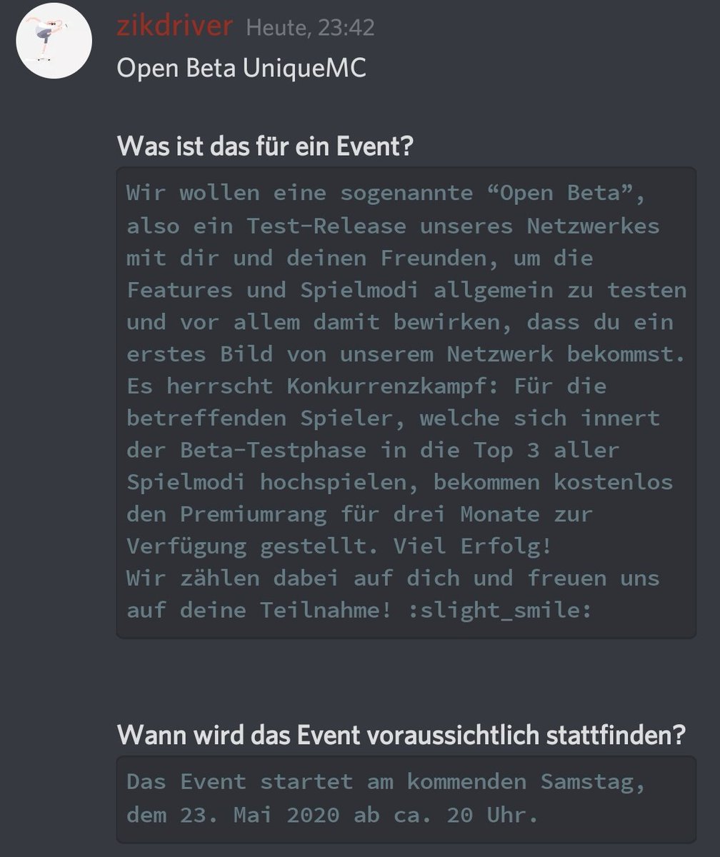 tudswookie's tweet image. Huhu, das ist ein Beta-Event für den @UniqueMCde Minecraftserver. Bitte teilt diesen Beitrag damit so viele Minecraft-Spieler wie möglich am 23.Mai 2020 um ca. 20 Uhr daran teilnehmen. Danke!