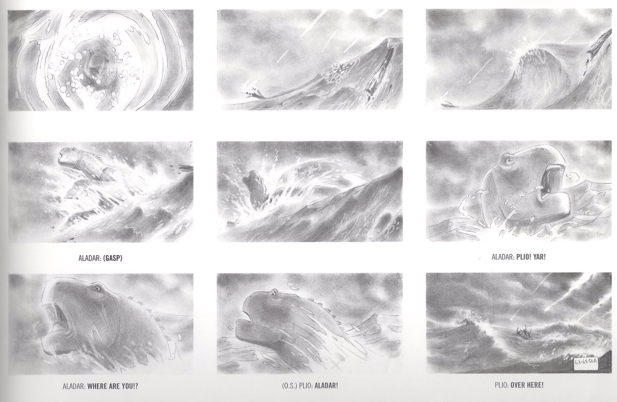 A couple storyboards, including the scene immediately after the meteor shower and the scene where they’re seeking shelter in a cave.