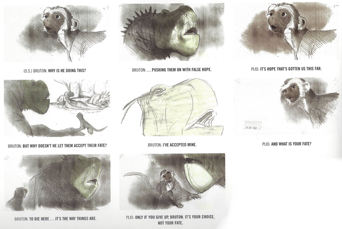 A couple storyboards, including the scene immediately after the meteor shower and the scene where they’re seeking shelter in a cave.