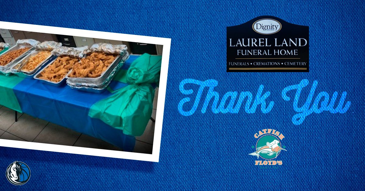 MavsCare's tweet photo. The Mavs are sending support to funeral homes &amp; their staff who are assisting families who have lost loved ones by sending meals from local restaurants.  

Thanks to Catfish Floyd’s for helping provide meals for Laurel Land Funeral Home in South Dallas today! #MavsSupportLocal https://t.co/vLnEUGyVSm