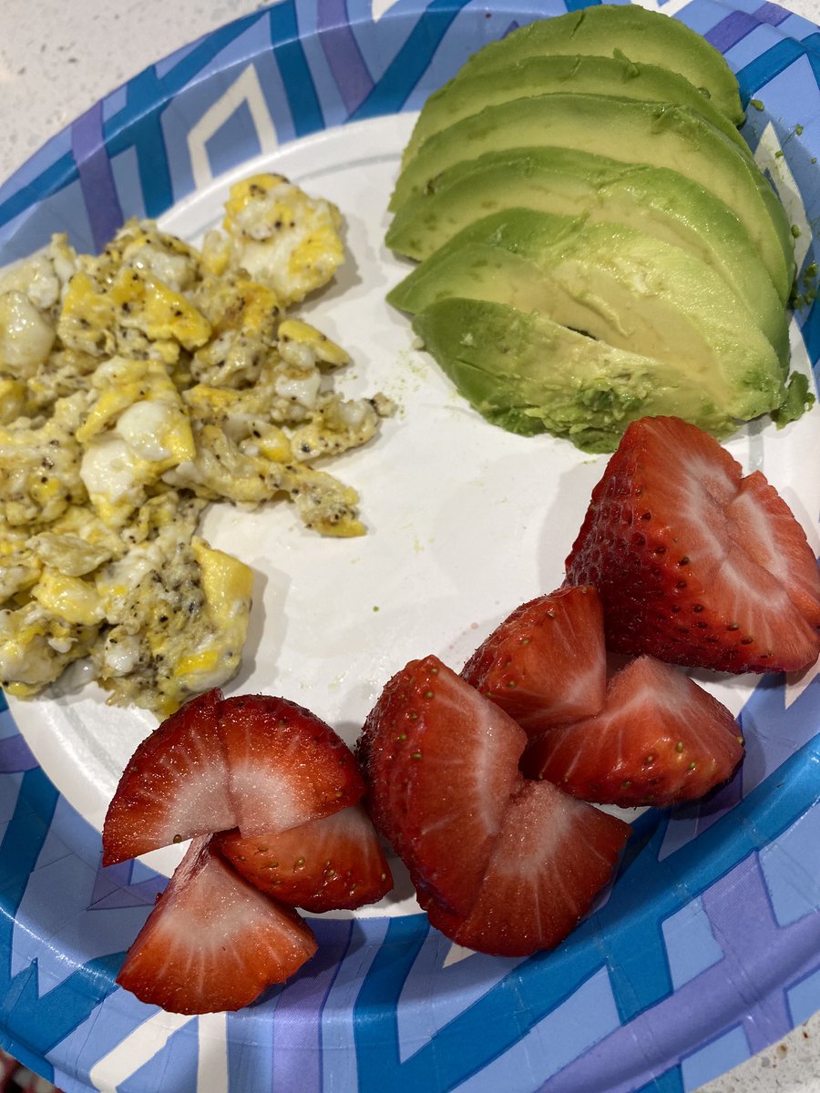 Breakfast by moi  (2 eggs; 1/2 avocado; 3 fresh strawberries)- don’t judge the paper plate, I’m not tryna keep washing dishes during this quarantine