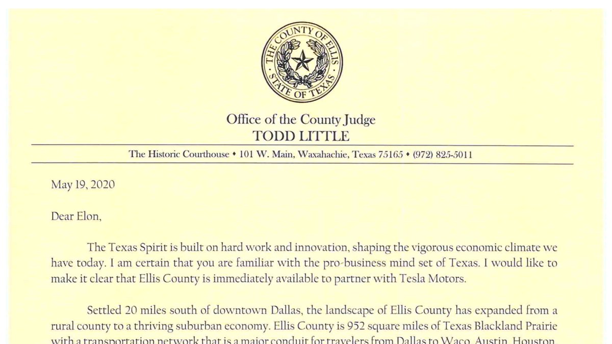 EllisCounty_TX's tweet photo. Hey @elonmusk, @TheJudgeLittle is ready to help you narrow your search for the pro-business place to be in Texas. #TexasSpirit #WelcomeToEllis
@GovAbbott @Tesla @adrianarcruz @john_jwitt https://t.co/VcRarLfdsc