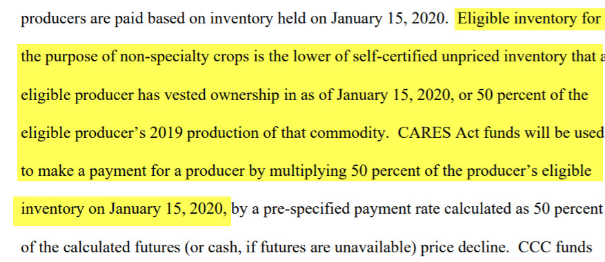 3. Here is the relevant text of the actual rule. This makes it clear that eligible bushels are 50% of 2019 production or 100% of Jan 15 inventory, whichever is smaller. Eligible bushels are then multiplied by 50% before applying the payment rate.