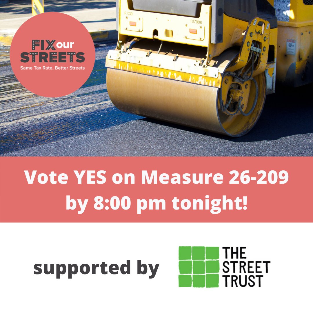 Thank you, <a href="/thestreettrust/">Follow us! @thestreettrust.org on Bluesky</a>, for all your support! We agree that communities should be bikeable, walkable, transit safe, and convenient for all.  Vote YES on Measure 26-209 by 8 pm tonight!