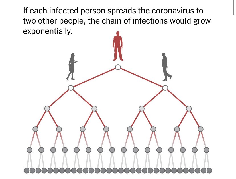 There are many illustrations out there (like this one from  @nytimes illustrating R=2) that do a good job of showing how fast a disease spreads because infections grow exponentially. But they completely misrepresent what actually happens in real life.