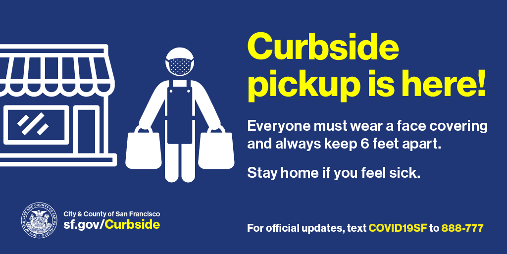 SF_emergency's tweet photo. We appreciate everyone’s efforts to prevent the spread of COVID-19 in San Francisco. As businesses begin to open for #CurbsidePickup, remember #SocialDistancingProtocols still apply. Don’t leave home without your face covering & wash your hands frequently. https://t.co/Dn9XRpLekn https://t.co/gHnTroTItL