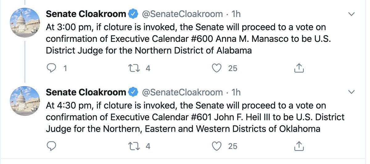 Screenshot of the Senate Cloakroom twitter account showing two tweets. The tweets announce that at 3 p.m. ET and 4:30 p.m. ET on Wednesday, the Senate will hold confirmation votes on district court nominees.