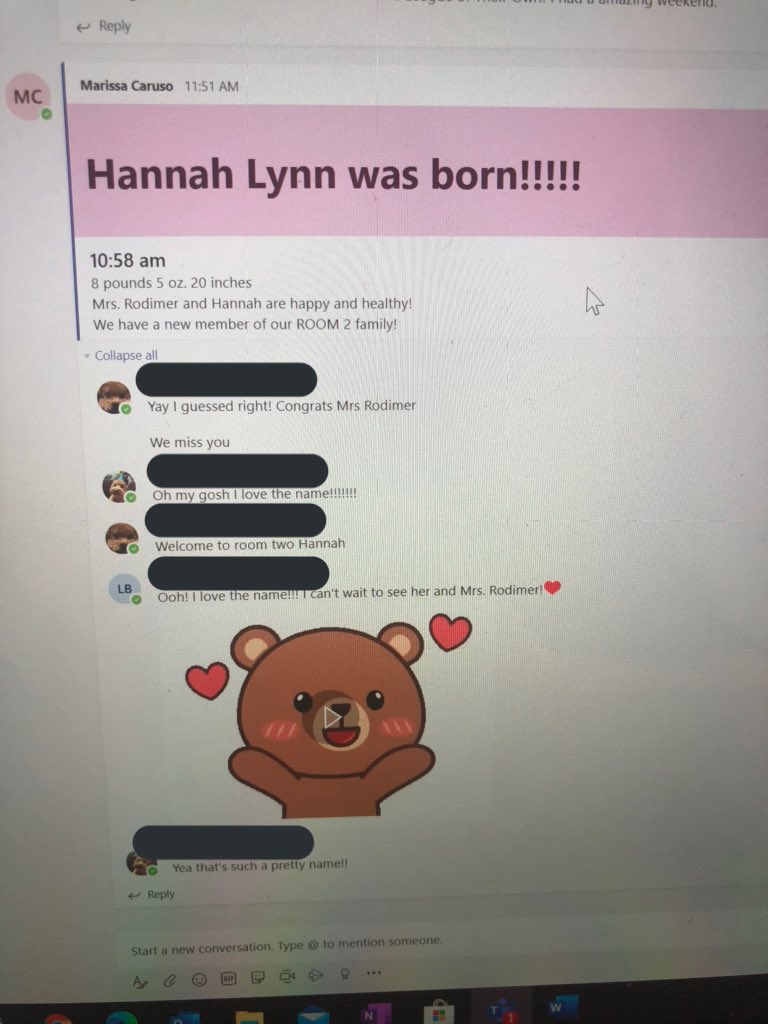 Welcome Hannah Lynn Rodimer to our Room 2 CG family! We are so excited to meet you on Microsoft Teams! 🍼💜 Ss wanted to know if she’d be coming on TEAMs today! Hannah (and Mom) will need a few days to settle in 😀