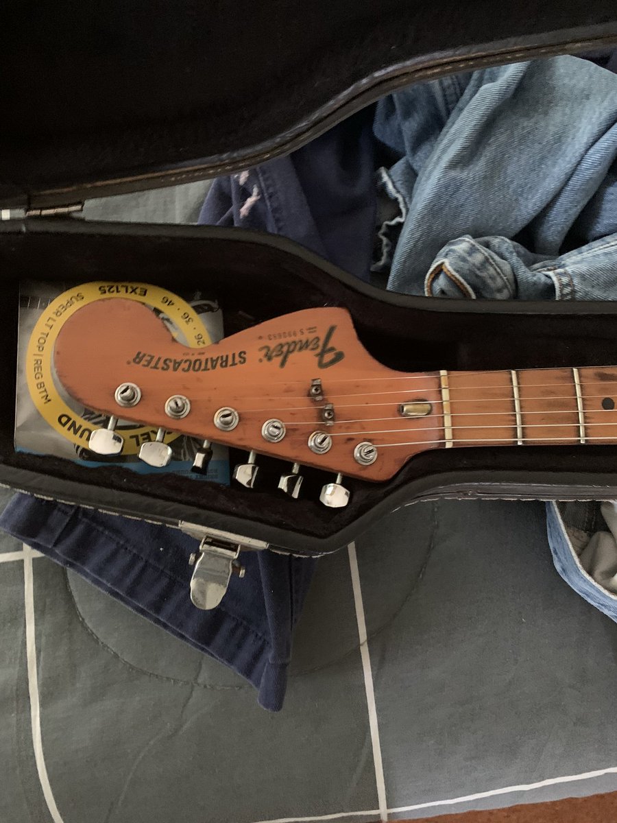 GerhardtPearson's tweet photo. This black beauty is my first lay-buy on a meagre $57 week wage a year after I finished  high school. After many smoke filled nights and rough roads, this pal still cooks pure fender tones.  #musician #fender @blackimage_band https://t.co/TbRXSqfupR