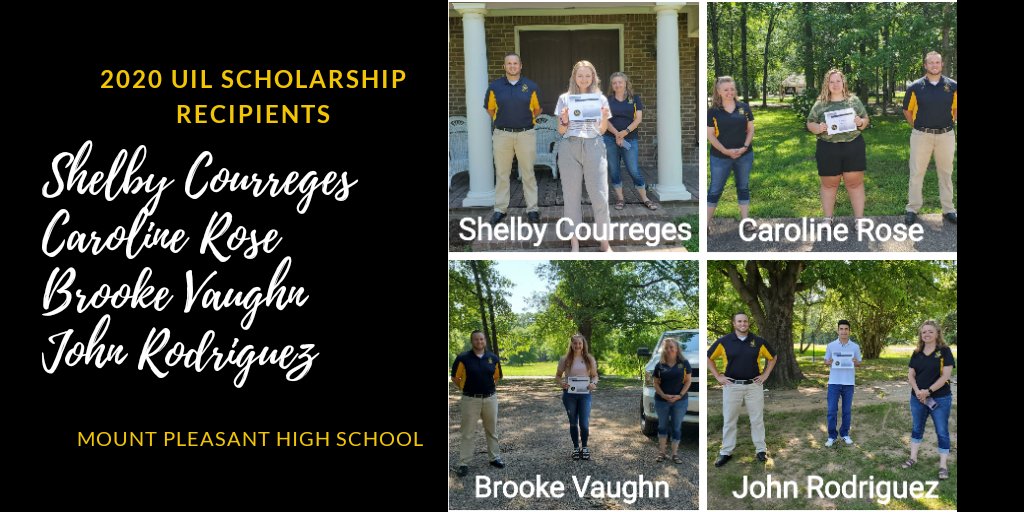 mount_school's tweet photo. UIL Coordinators Gina Crouch &amp; Cody Morris spent time making special deliveries today! Congrats to the recipients of the MPHS UIL scholarship...Shelby Courreges, Caroline Rose, Brooke Vaughn, &amp; John Rodriguez!  Thanks to all 4 of them for their contributions to MPHS UIL!
🖤💛📚🏅 https://t.co/niRj0ZFn5A