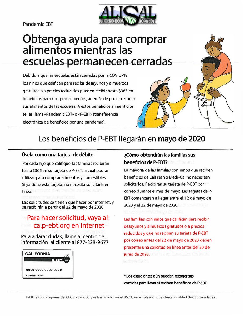 AlisalUSD's tweet photo. Niños que califican para recibir alimentos gratis en la escuela podrían recibir dinero para comida durante la pandemia. La tarjeta EBT llegará por correo entre el 12 y 22 de mayo. Si no recibe tarjeta para entonces, pueden hacer una solicitud en línea en: https://t.co/15FxzCbMCB https://t.co/7aeRI2AIt8