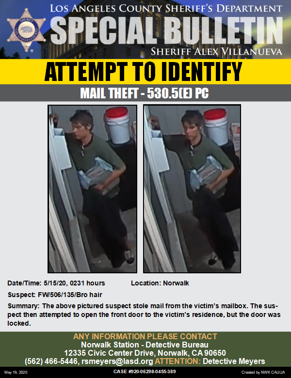 NorwalkLASD's tweet photo. Do you recognize this #mailthief? Contact Det. Meyers with any information. #LASD #Norwalk https://t.co/ljbnrZei8K