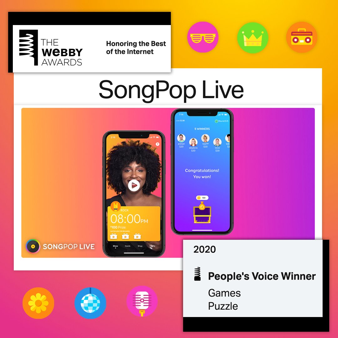 SongPop1's tweet photo. SongPop Live just won a 2020 Webby Award! What an honor! Thank you to everyone who voted! We couldn’t have done this without our INCREDIBLE SongPop Community! @TheWebbyAwards #Webbys #SongPopLive https://t.co/xmO6y3F1dq