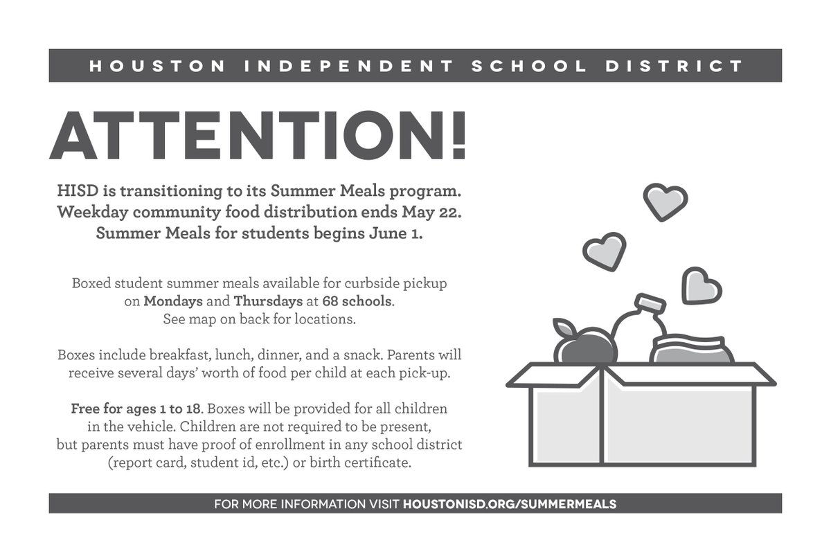 HoustonISD's tweet photo. ATTENTION: #HISD is launching curbside summer meals for students on Mondays and Thursday at 68 select schools beginning June 1. Free to ages 1 to 18. Parents receive several days’ worth of food per child at each pick-up. More details: https://t.co/YQn9C7abd5 https://t.co/V8mAGQ7LMy