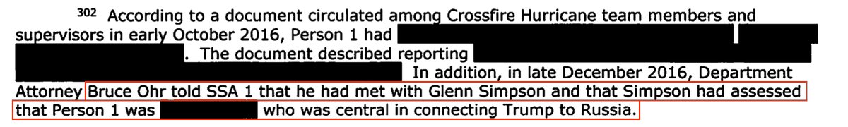 DOJ official (and unofficial Steele intermediary) Bruce Ohr told the FBI that Glenn Simpson of Fusion GPS said "much of the collection" on Trump and Russia came from P1/Millian (and he was “central” according to the IG report).