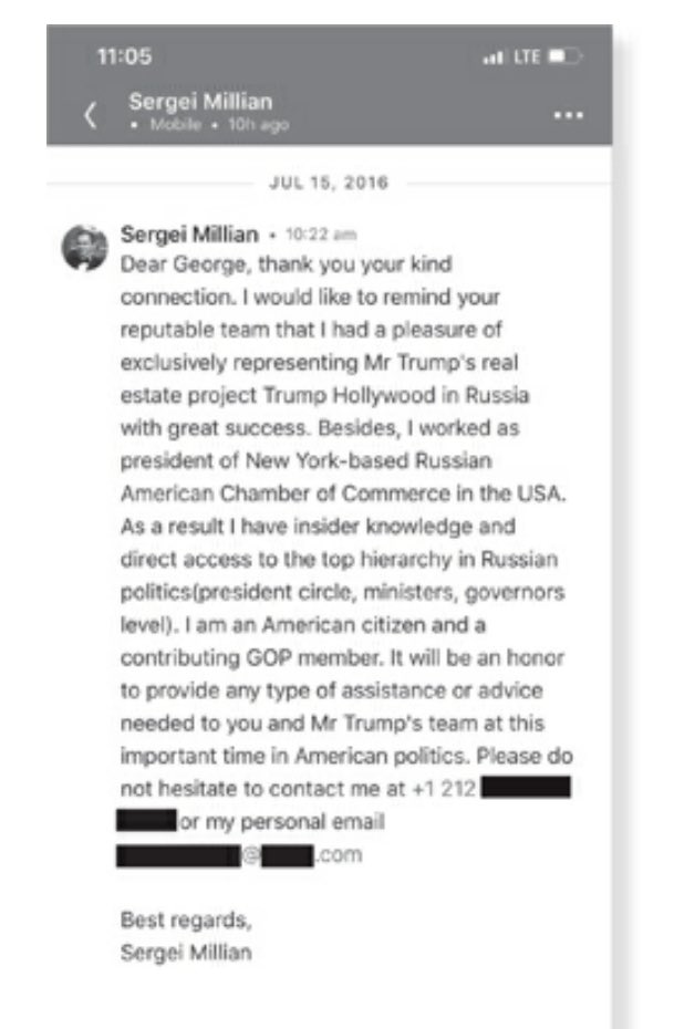 P1/Millian - Steele's "unwitting" source - was in repeated, direct personal contact with Papadopoulos. Millian first reached out to Papadopoulos on July 15, 2016, via LinkedIn