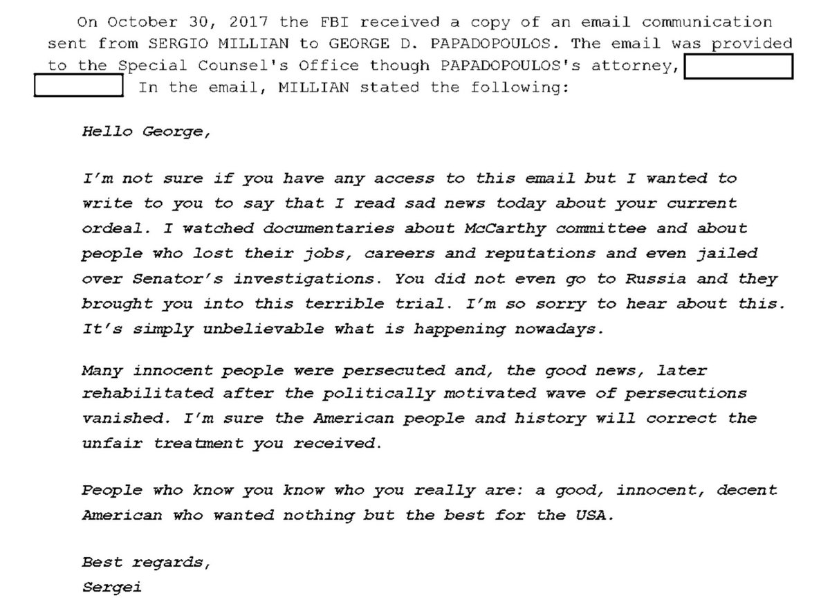 P1/Millian even carried on contacting Papadopoulos after his arrest was made public by the FBI and Special Counsel - example, on Oct 30, 2017 (provided by  @GeorgePapa19 attorney’s to Team Mueller)