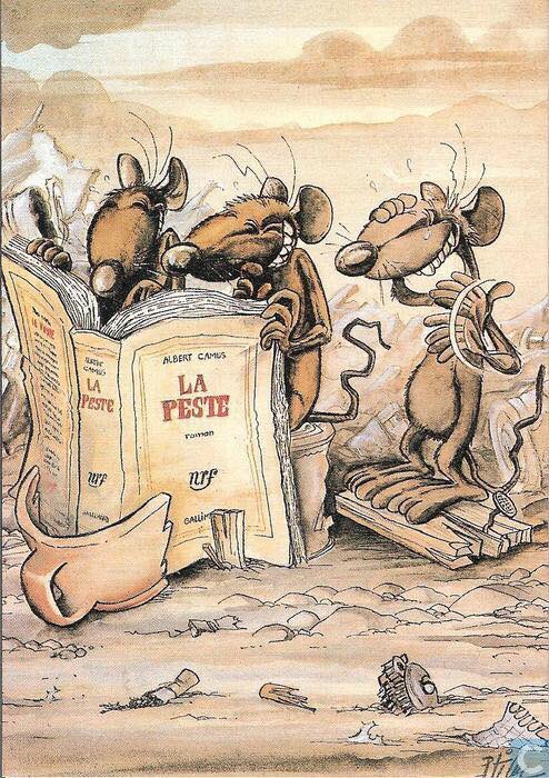 stradefi's tweet photo. @FrenchBooksUSA @franceintheus @albertinebooks @vintagebooks 😁 #AlbertCamus #lapeste vu par #Ptiluc https://t.co/zvpXm7Xogu