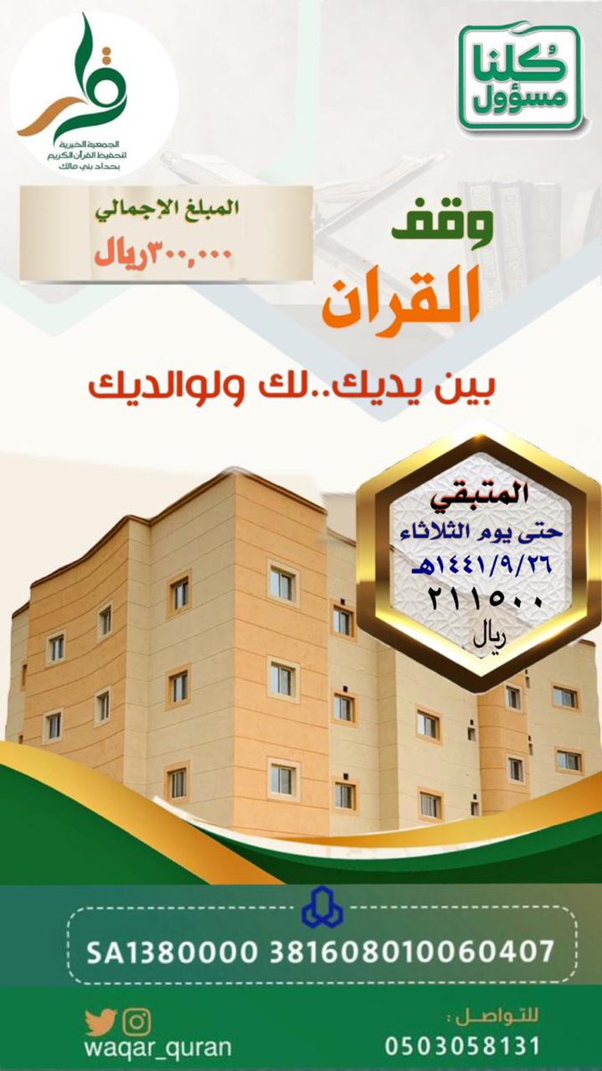 بقي ٢١١٥ سهما 

تكتمل بإذن الله الليلة 
بتوفيق الله ثم بجهودكم
وجهود شركاء جمعية #وقار
وأصدقائها  ومحبي الخير 

والمجال مفتوح للجميع . 

ونسأل الله التيسير
#ليله_27 
#ليلة_القدر 
#