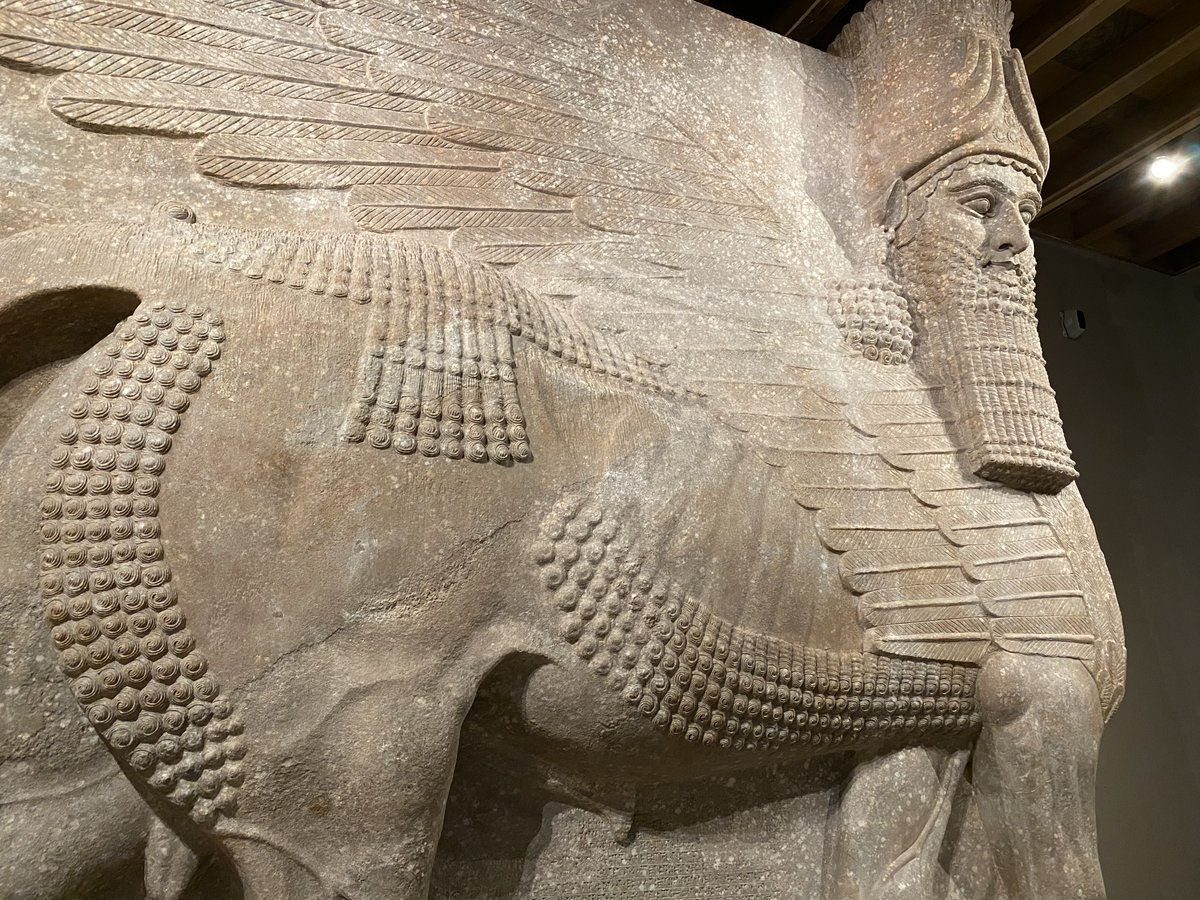 The Lamassu, a supernatural being, has 5 legs carved from gypsum. That way, from no matter what direction you are looking, all 4 of the legs of their impressive bull's body can be seen and understood. The detail is so impressive, that you can see veins, muscles, and rippling skin