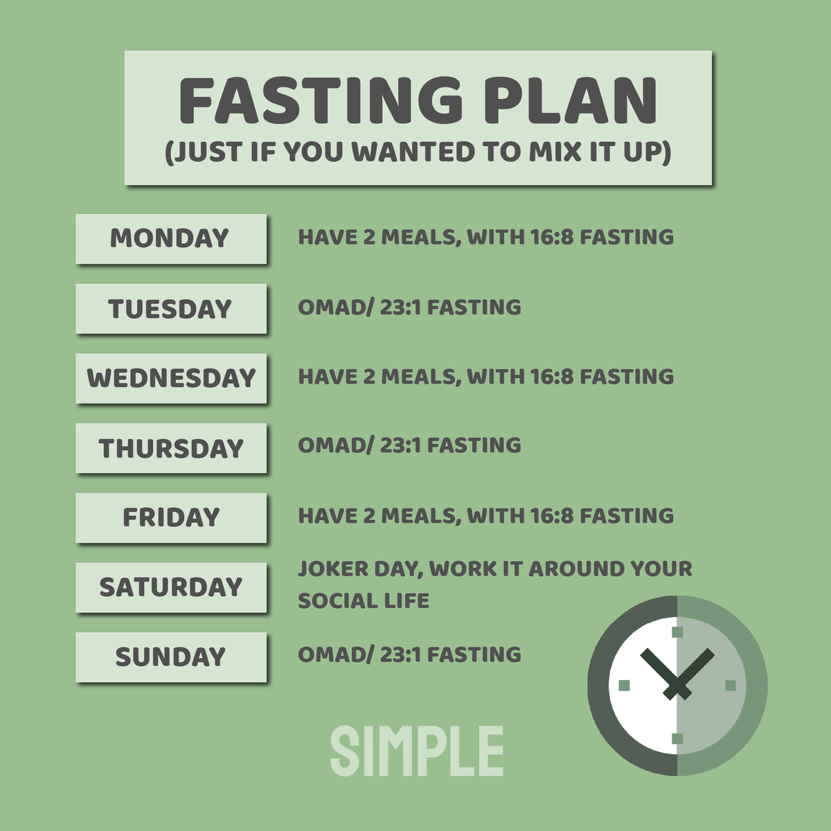simpleappofcl's tweet photo. This is a good way to vary your routine, this plan also shows how flexible you can be with your intermittent fasting protocol. 🕓
Theses can be edited into the app, making it a truly personal experience.
#simplefastingapp #intermittentfasting https://t.co/Dh5RMFUlaZ