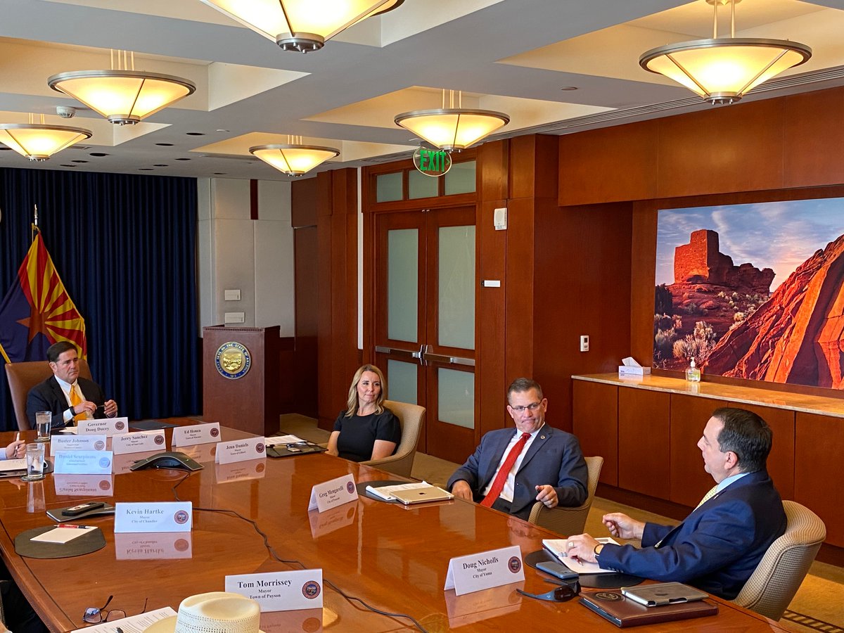 DougDucey's tweet photo. Arizona mayors and county supervisors have worked to protect public health and keep our economy going during #COVID19. Thank you to all the local leaders who provided their insights today on reenergizing our economy and supporting relief efforts. #ReturnStronger https://t.co/FISq2YJsK8