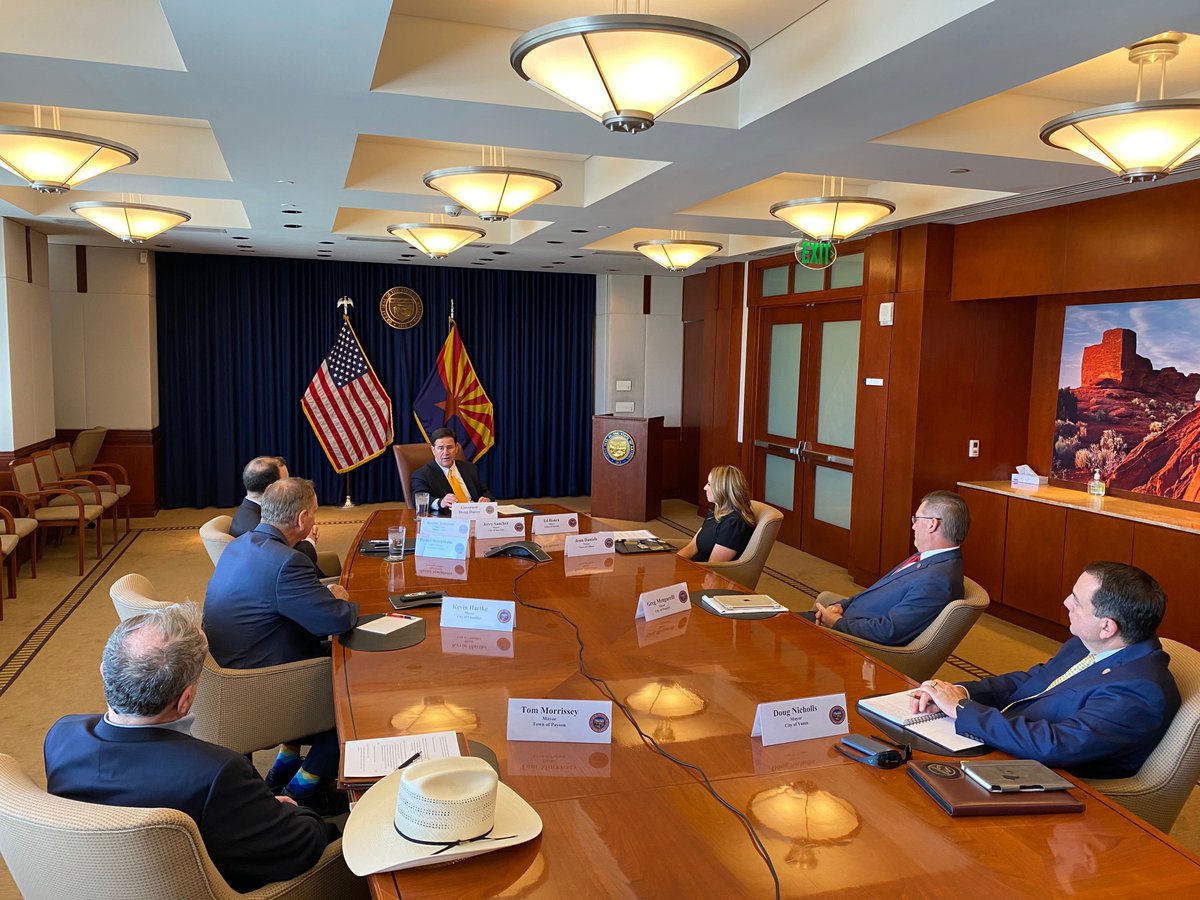 DougDucey's tweet photo. Arizona mayors and county supervisors have worked to protect public health and keep our economy going during #COVID19. Thank you to all the local leaders who provided their insights today on reenergizing our economy and supporting relief efforts. #ReturnStronger https://t.co/FISq2YJsK8