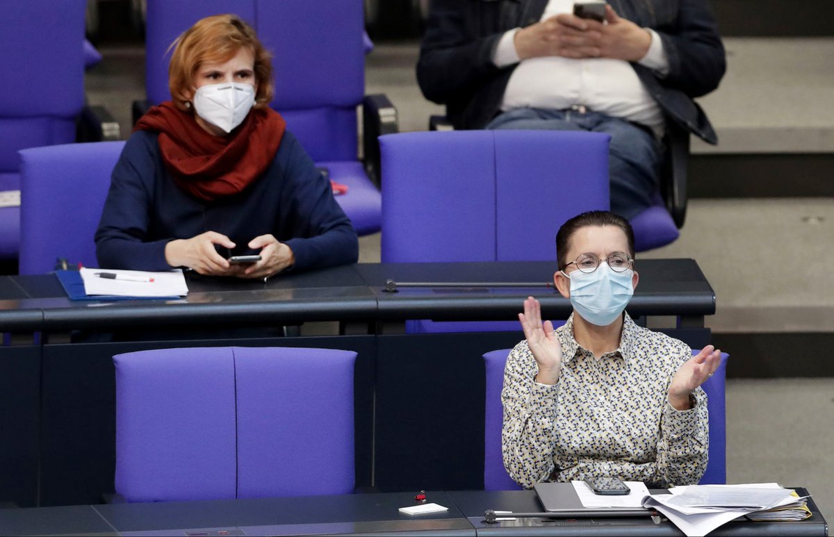 Germany’s Bundestag is NOT mask-free. Here, leadership members of the German Left Party wear masks in the Bundestag in April. 9/16