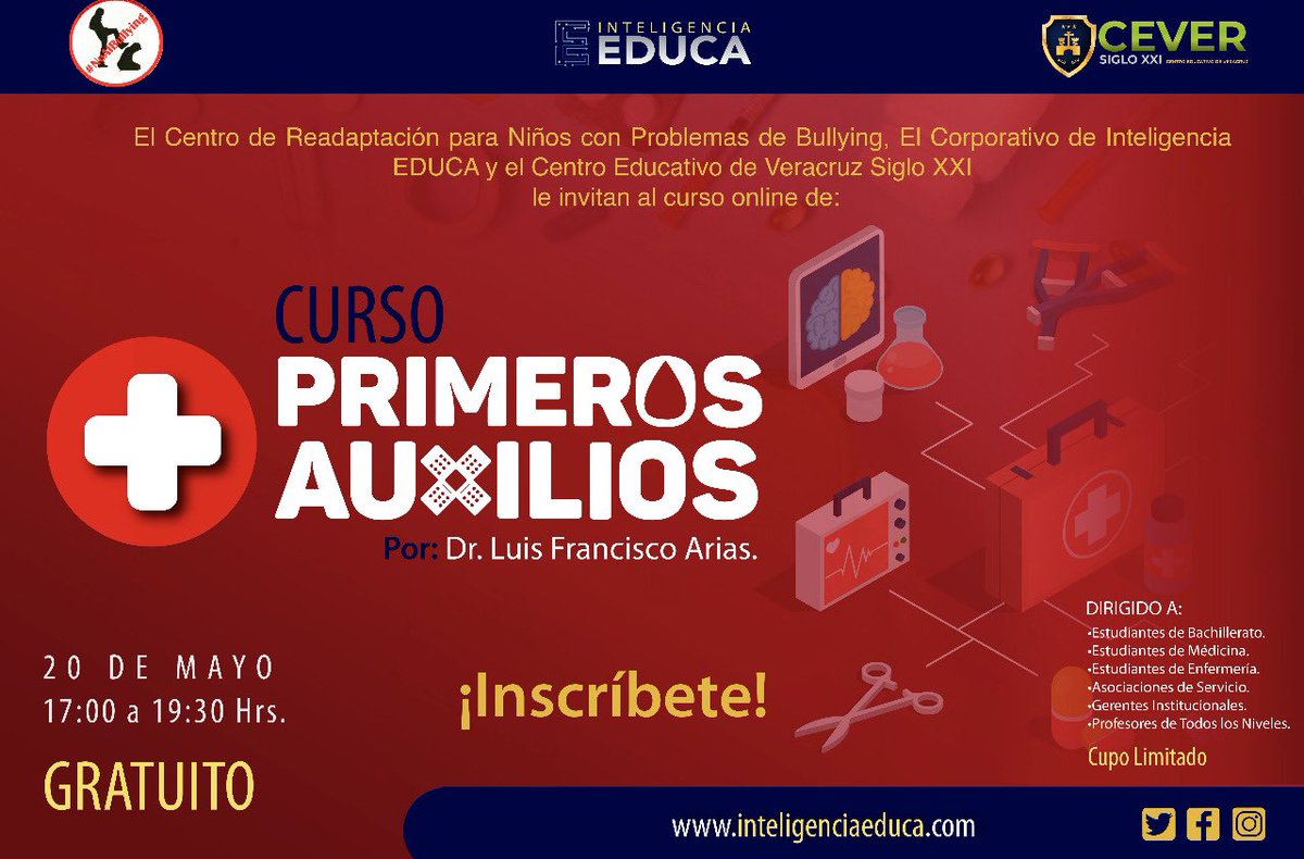 EduardoCarreonM's tweet photo. 📍Te invitamos al CURSO VIRTUAL “Primeros Auxilios” totalmente GRATIS. 

📆 20 de Mayo 
⏰ 17:00 hrs. 
💻 https://t.co/7ErEwSH14m 
👨🏻‍⚕️ Dr. Luis Francisco Arias. 
🏅 Constancia con valor curricular. 

⚠️INSCRÍBETE: CUPO LIMITADO

https://t.co/NtODBspGsX

#Covid_19 #Educacion https://t.co/GyI4PUX35m