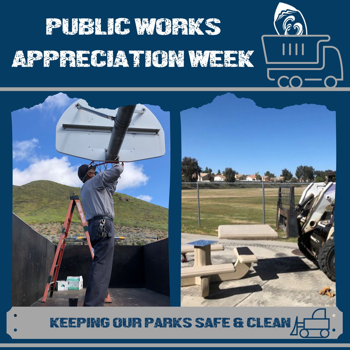 CtyLakeElsinore's tweet photo. Day 2 of #NPWW! Thanks to our Public Works team for all you do to maintain the City's 19 parks including our splash pads, skate parks, pump track, sports fields, picnic areas, benches, dog parks, playground equipment, lighting, trails, grass areas, and restrooms.
#LEAtWork https://t.co/aEpsHqMdoC