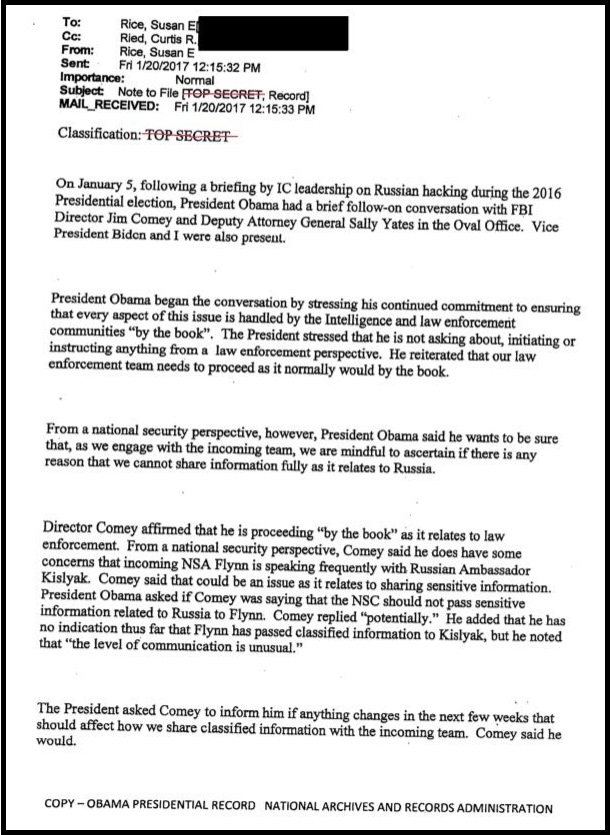 The ‘pull aside’ meeting immediately thereafter, January 5th, was Obama and Susan Rice cleaning up the mess and reassembling their plausible deniability.The January 20th Susan Rice memo-to-file was supportive material for that intention.