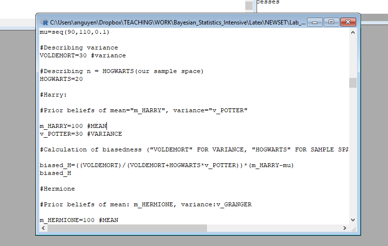 anhndm88's tweet photo. Who says Coding is boring? Think again! 
See the coding homework of my student below - naming the variables with the Harry Potter series!!! 
 #Rprogramming #HarryPotter #codingisfun #Bayesianstatistics https://t.co/rIQ5BK3DIQ