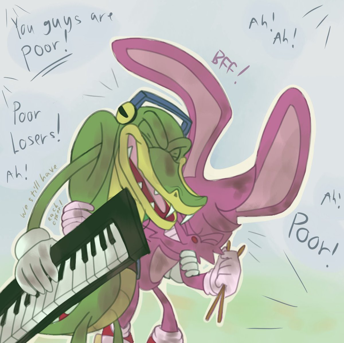 missplayer30's tweet photo. Vector the Crocodile and Mach the Rabbit #sonicthehedgehog #vectorthecrocodile #teamchaotix #machtherabbit #sonicband #classicvector https://t.co/bWV5MtGugG
