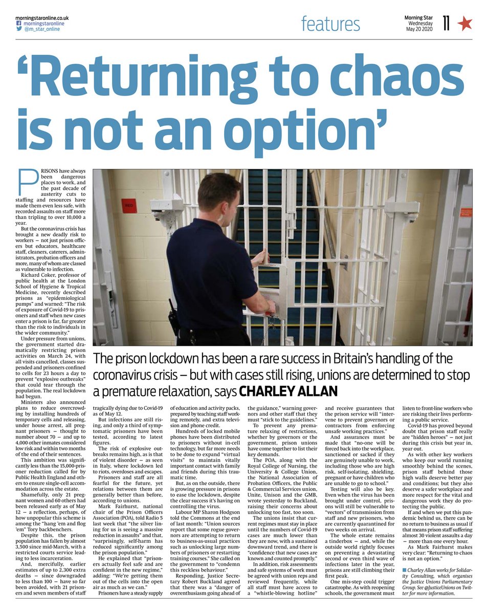 JusticeUnions's tweet photo. "Returning to chaos is not an option" insist #prison #unions, who have written to @MoJGovUK listing their key demands before any relaxation of current #Covid_19 restrictions by either the government or rogue governors @POAnatchair @SharonHodgsonMP https://t.co/sqFqwcDdvP