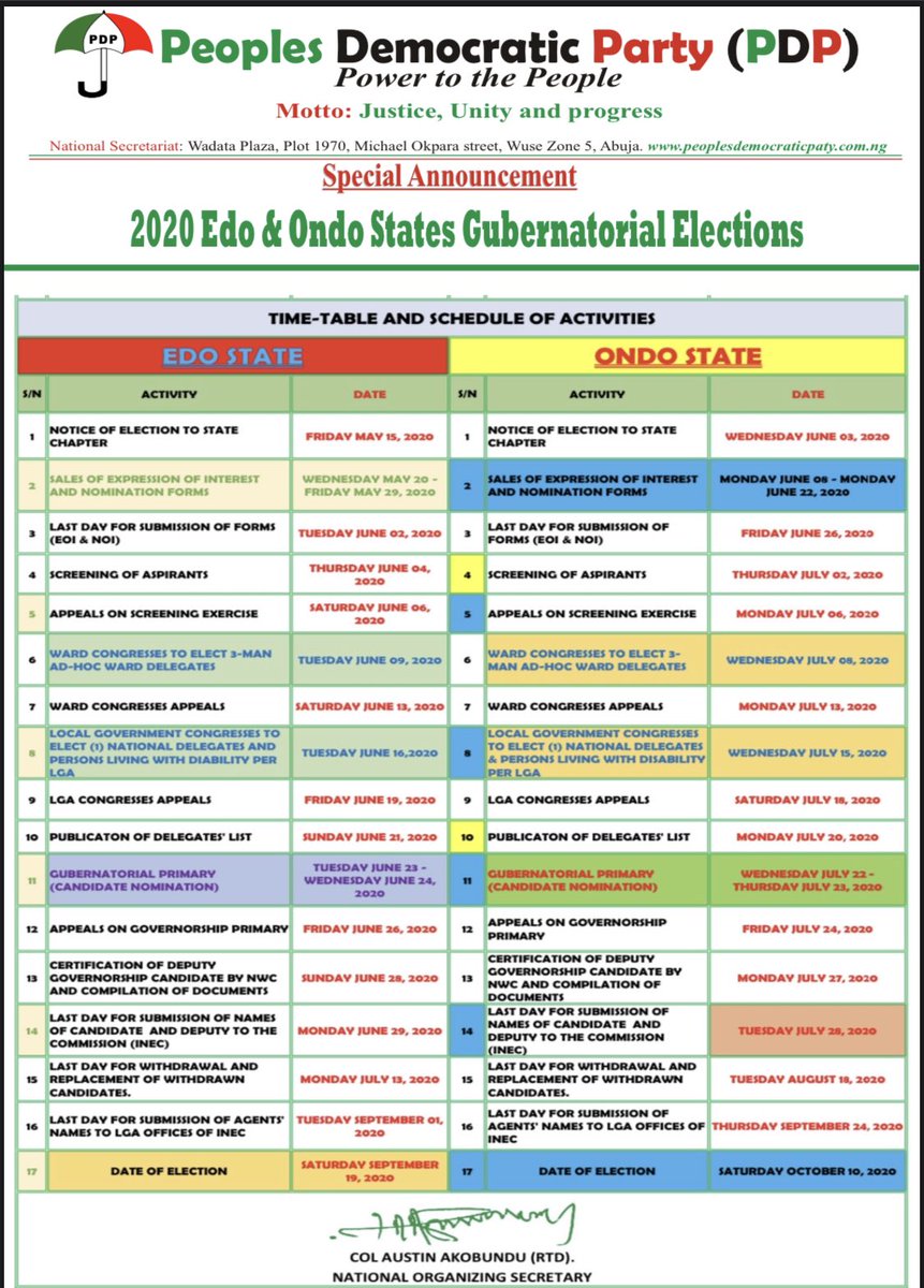 Official Pdp Nigeria On Twitter Special Announcement 2020 Edo And Ondo States Gubernatorial Elections Time Table And Schedule Of Activities For The Edo And Ondo States 2020 Governorship Elections Https T Co 8ntqk7gqau