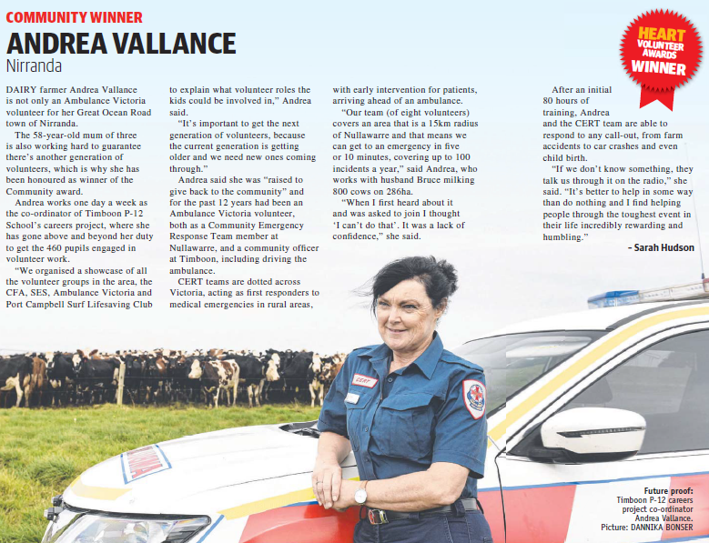 agwalker01's tweet photo. It was lovely to see Andrea Vallance, one of our Community First Responders, awarded the @theweeklytimes volunteer Community Award. Andrea is one of more than 1000 volunteers helping us deliver #BestCare to rural communities across Victoria #BetterTogether #CommunityInAmbulance https://t.co/oE1d2wtjM6