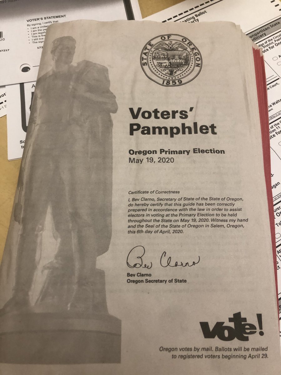 Several weeks before election day, voters get ballots in the mail, and EVERY household in the state gets this voters' pamphlet. This gives people time to register if they want to, and it shows them how, even info about the parties. (My cats knocked over a vase onto it, sorry.)